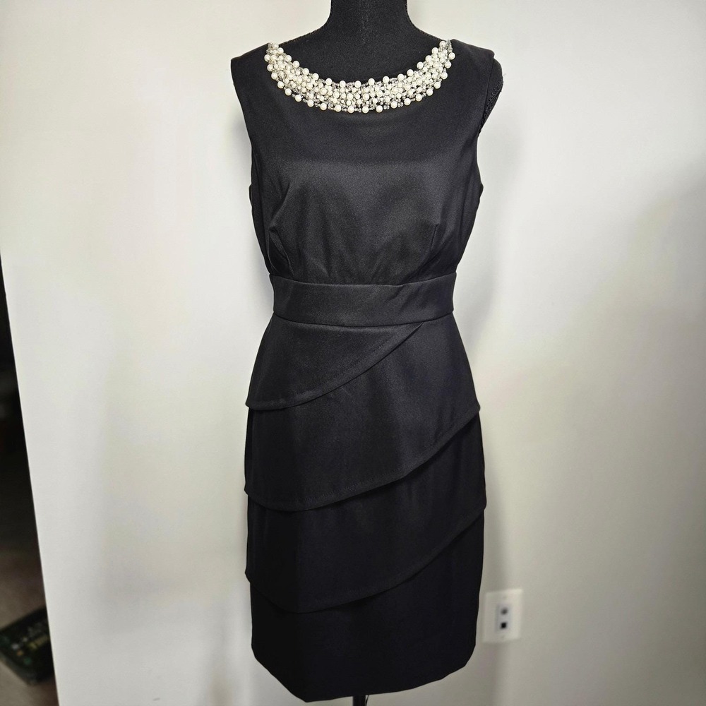 Connected Apparel Sheath Dress Womens 6 Black Pearl Neck Tiered Skirt